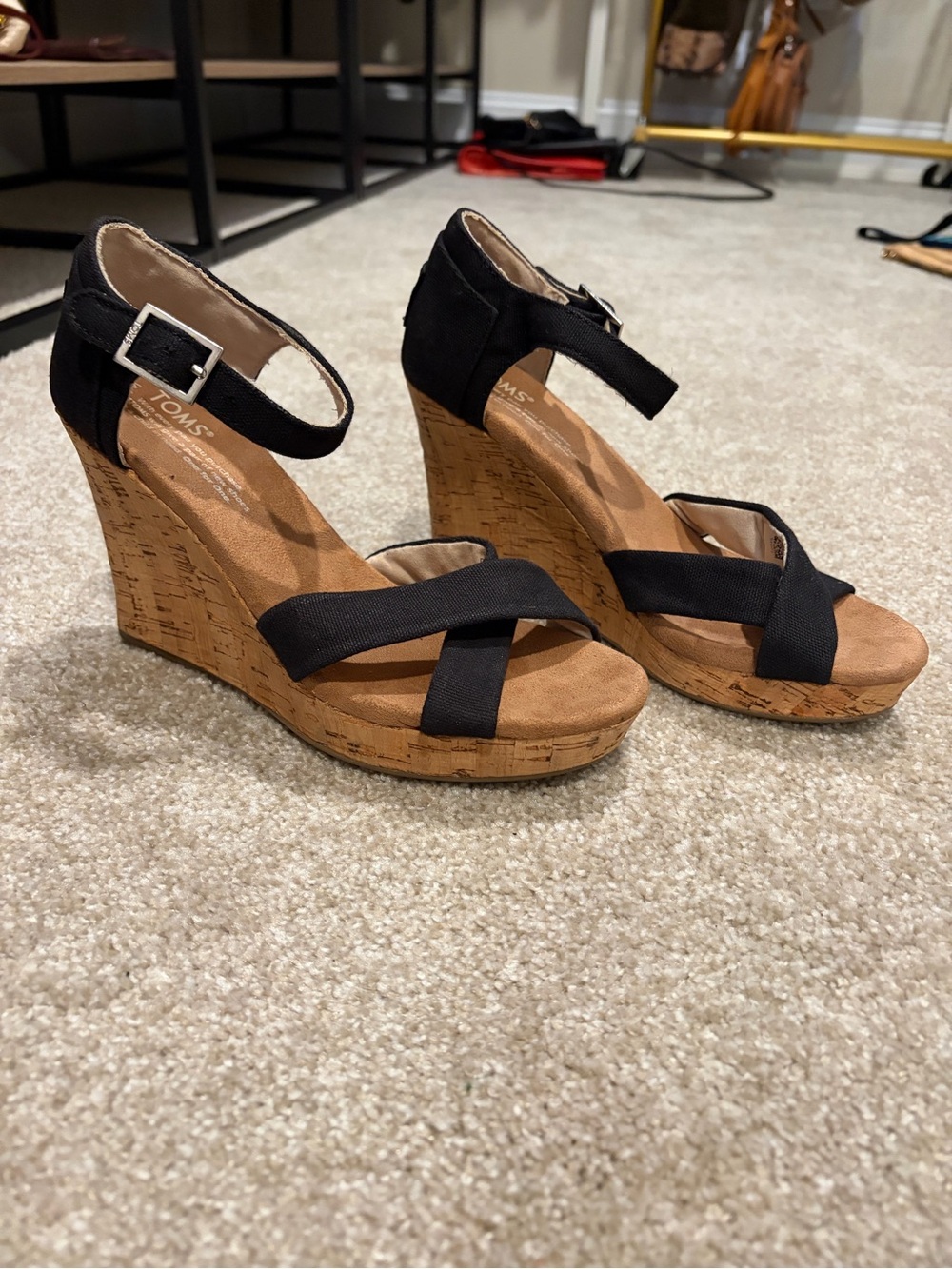 TOMS Black Cork Wedge Sandals with Ankle Strap